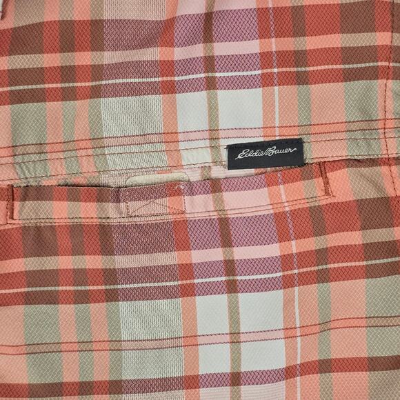 Eddie Bauer Shirt Mens Size Medium Short Sleeve Button Down Peach color Plaid - Picture 6 of 16